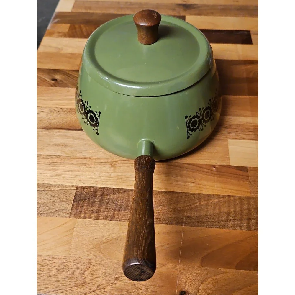 Vintage Green Enamel Fondue Pot Saucepan Floral MCM Boho Wood Handle 1970s